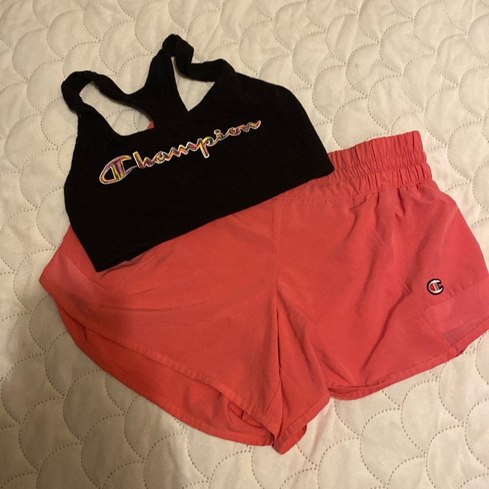 Champion sports bra and running shorts